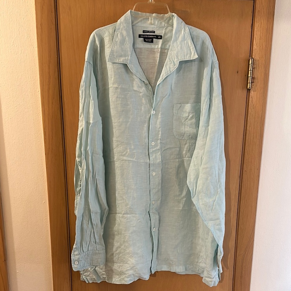 Island Company Men’s Classic Linen Shirt Button Down Teal Blue Size XXL
